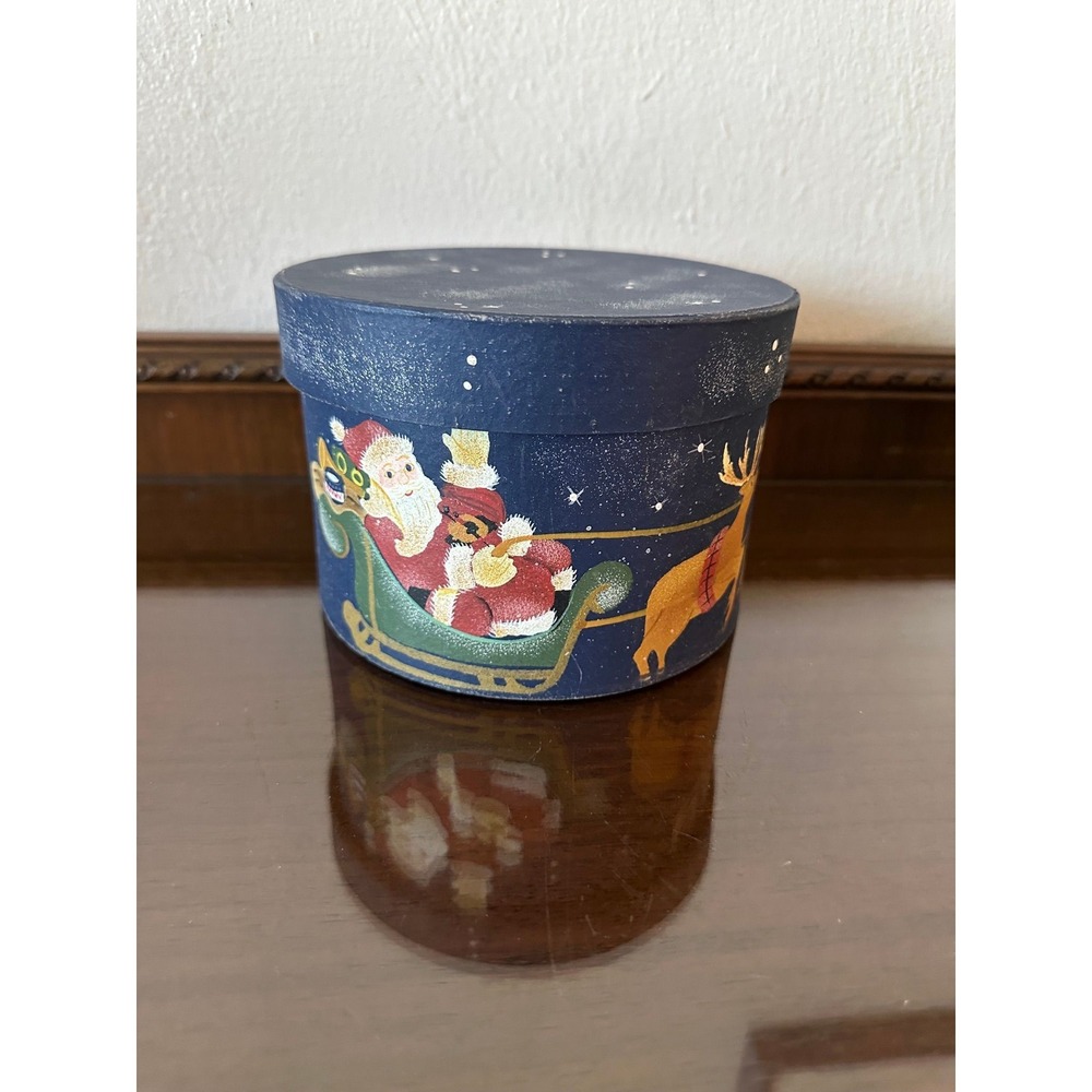 Vintage Painted Santa Claus with Reindeer Sleigh Round Storage Box